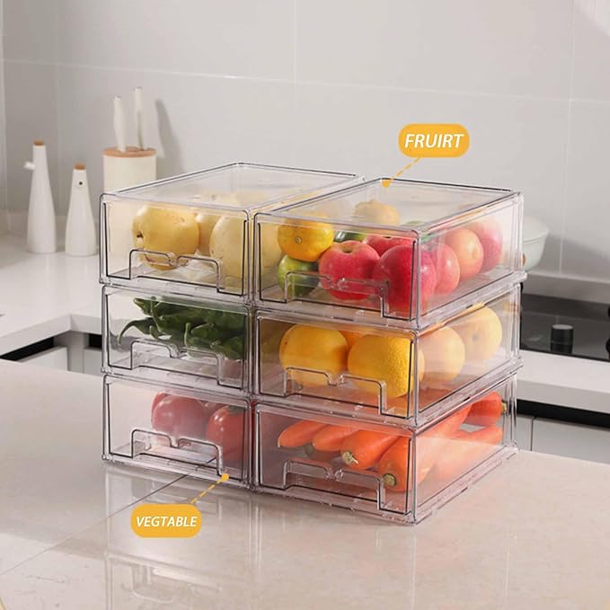 bealy 2 Pack Stackable Clear Storage Drawer,Refrigerator Organizers and Storage Drawer Pull Out Drawer for Fridge Kitchen Bathroom Cabinet Closet Office Clear