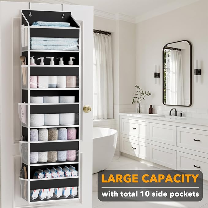 SpaceAid 1 Pack Over The Door Organizer with 5 Large Pockets and 10 Mesh Side Pockets, 5 Layers Door Organizer Hanging with Clear Window for Bedroom, Bathroom, Pantry and Nursery, Black