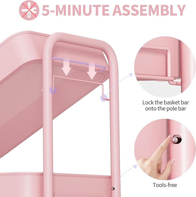 TOOLF 3 Tier Rolling Cart Storage Organizer, Metal Rolling Utility Cart with Wheels, Hooks & Bins Esthetician Craft Art Sturdy Storage with Pegboard for Bathroom, Kitchen, Office, Nursery Diaper
