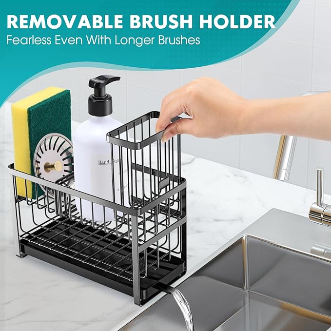 Sinnsally Kitchen Sponge Holder,2 Tier Sink Caddy Organizer with High Brush Holder,Stainless Steel Sink Box Dish Scrubber Holder,Soap Tray for Kitchen Counter Accessories & Storage Rack (Black)