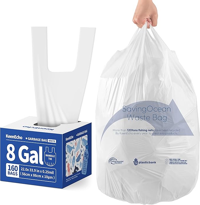 Small Trash Bags with Handles 8 Gallon 160 Count White - Ocean Plastic Upcycling - Plastic Garbage Bags, Can Bin & Waste Basket Liner for Kitchen, Bathroom, Office and Pets