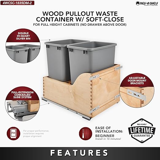 Rev-A-Shelf Pullout Trash Cans for Kitchen Cabinet, Dual 35 Qt Bins with 15" Wood Frame - Large Garbage Bin Containers for Home Waste Storage and Recycling