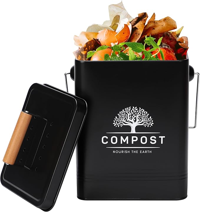 PERFNIQUE Kitchen Compost Bin, 1.7 Gallon Countertop Compost Bin with Lid, Indoor Compost Bin Includes 2 Carbon Filters, Small Compost Bucket, Food Waste Bin for Kitchen with Trash Bags (Matte Black)
