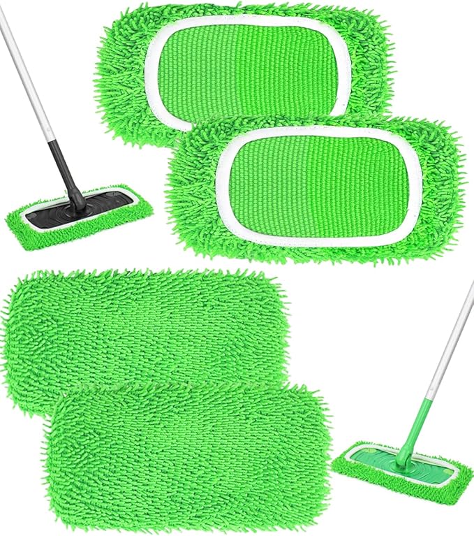 Reusable Microfiber Mop Pads Compatible with Swiffer Sweeper Mop, Wet Pads Refill, Chenille Dry Sweeping Cloths, Washable Wet Mopping Cloths & Dry Cloths for Hardwood Floor Cleaning, 4 Pack