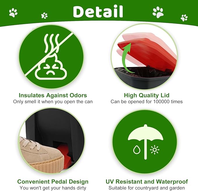 Dog Poop Trash Can Outside, 20L/5Gallon Dog Waste Trash Can with Lid, Pedal and Removable Inner Waste Bin, Pet Poop Bucket with 100 Bags, Red