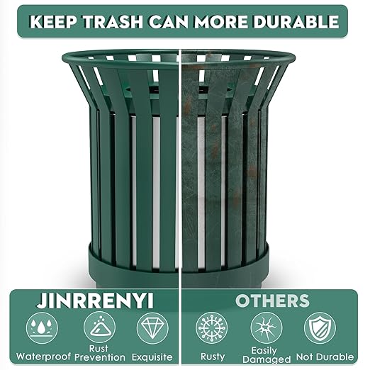 Round Heavy Duty Outdoor Trash Can, Large Metal Slatted Garbage Can for All Weather Resistant, Commercial Garbage Cans, Waste Receptacle in Park, Beach, Patio (Green, Medium)