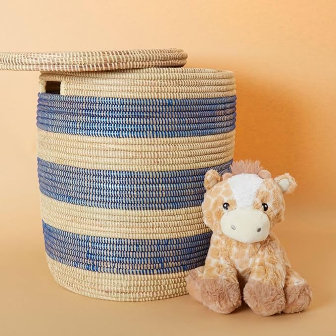 Storage & Organization - Laundry Basket, Bedroom Hamper, Nursery Toys Bin, Living Room Blankets Storage, Decorative, Wicker, Sturdy, Round, Handles, Woven, Blue Beige (Medium)