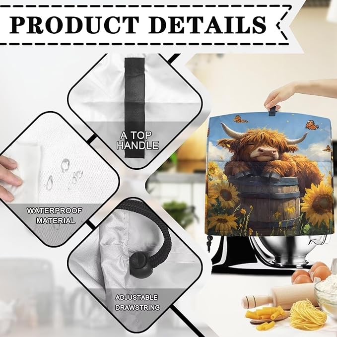 Kitchen Aid Stand Mixer Covers Highland Cow Sunflower Kitchen Appliance Dust Covers Protective Compatible with 4.5-5 Quart Kitchen Aid Stand Mixer