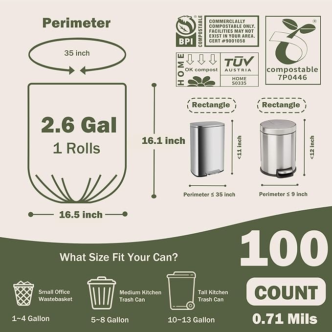 Compostable Trash Bags, 2.6 Gallon, 100 Count, 100% Compost Waste Bags for Kitchen Bathroom Office, Small Countertop Bin Compost Bags, US BPI and Europe OK Compost Home Certified