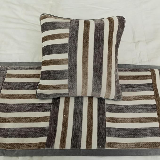 The HomeCentric King/Queen/Twin Beige & Grey Decorative Queen 74"x18" Bed Runner with 2 Pillow Cover, Patchwork Bed Scarf on Velvet Fabric - Striation