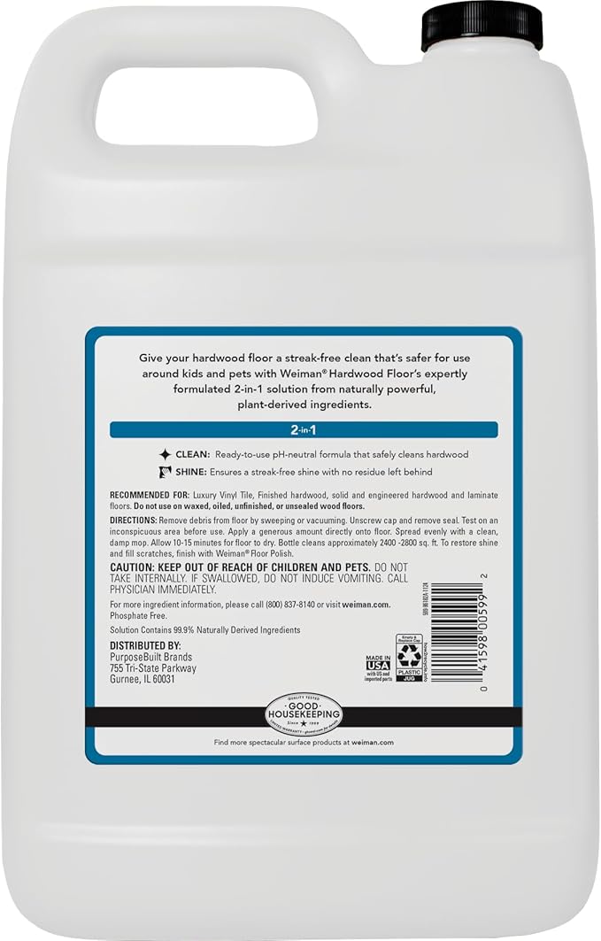 Weiman Hardwood Floor Cleaner and Polish - Cleans Vinyl Tile, Solid, Laminate, Natural Shine, No Residue, Removes Scratches, Leaves Protective Layer, 1 Gallon Mop Soap & 32 Oz Restorer