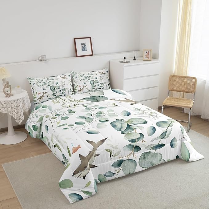 Erosebridal Girls Kawaii Animal Queen Bedding Sets Cute Shark Comforter Set, Cartoon Wildlife Down Comforter Green Leaf Bedding Comforter Sets, Spring Plant Duvet Insert Child Kids Bedroom Decor