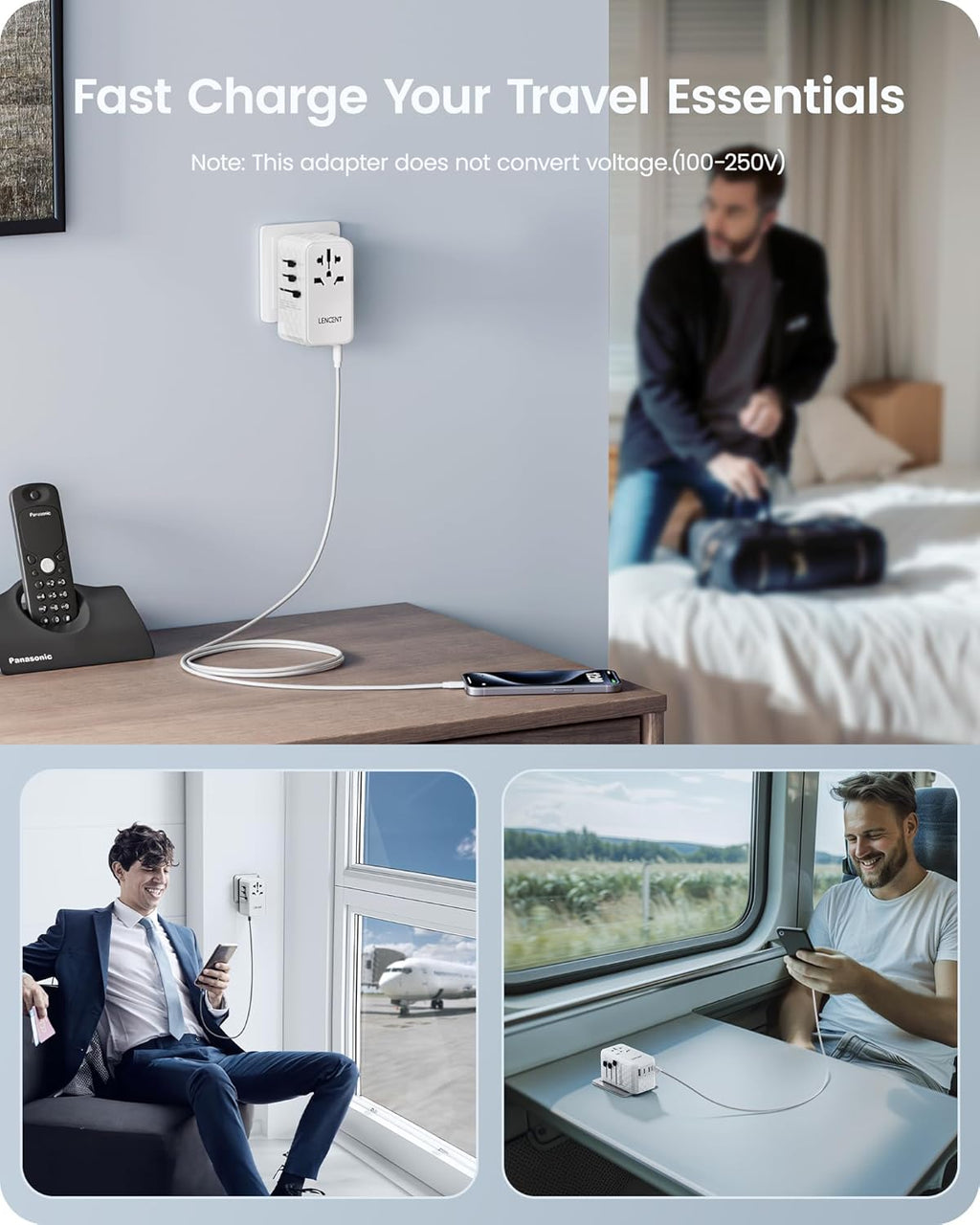 LENCENT 120W International Travel Adapter, Universal Travel Adapter with 1 QC USB-A & 3 PD3.0 Type C Power Adapter, Fast Charging for Phone,Laptops, All-in-One Outlet Adapter for USA/UK/EU/AUS, White