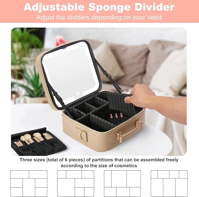 Mocado Travel Makeup Bag with LED Lighted Mirror,Travel Makeup Organizer,Makeup Case with 3 Color Lighted Setting and 10x Magnifying Mirror,Portable Storage and Adjustable Dividers Makeup Box(Khaki)