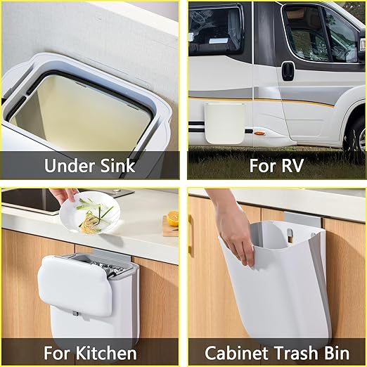 Soddeph 3.2 Gallon Foldable Hanging Trash Can for Cabinet Door,Kitchen Compost Bin,Wall-Mounted Plastic Garbage Can for Countertop or Under Sink, Bathroom and RV,No Lid (White)