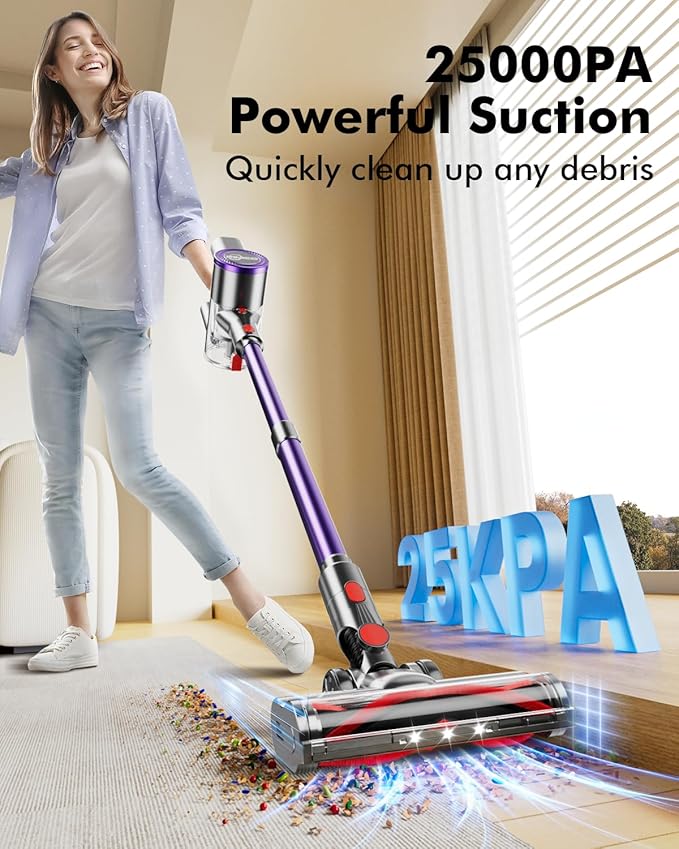 Cordless Vacuum Cleaner, 25kPA Vacuum Cleaners for Home, Stick Vac with Anti-Tangle Brush, 40 Mins Runtime, Lightweight, Versatile for Carpet, Hard Floor, Pet Hair (Purple)