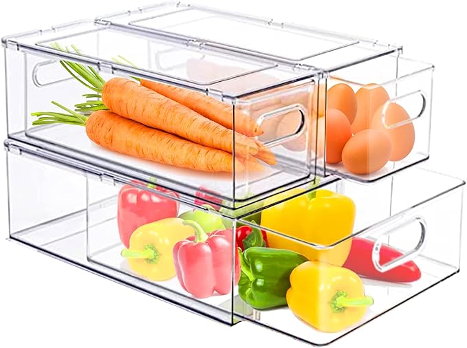 bealy 3 Pack Fridge Organizer and Storage,Clear Storge Bins with Pull-out Drawer, Fridge Drawers Clear Stackable Storage Bins Containers for Freezer, Refrigerator, Pantry, Kitchen