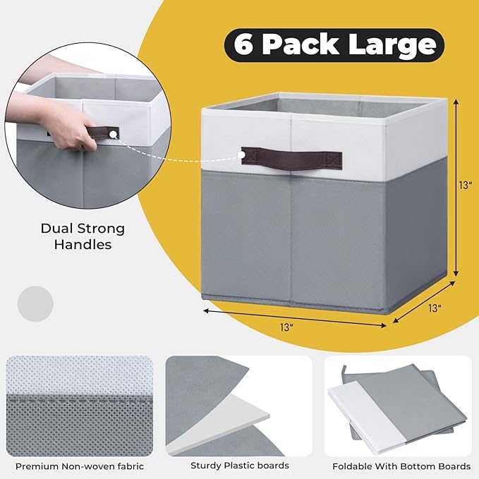 Criusia Large Storage Cubes -6 Set Closet Organizers Bins for Clothes -13 inch Fabric Storage Baskets for Shelves, Cube Organizer/ Toy Storage Organizer/ Dorm Room Essentials/ House warming Gift