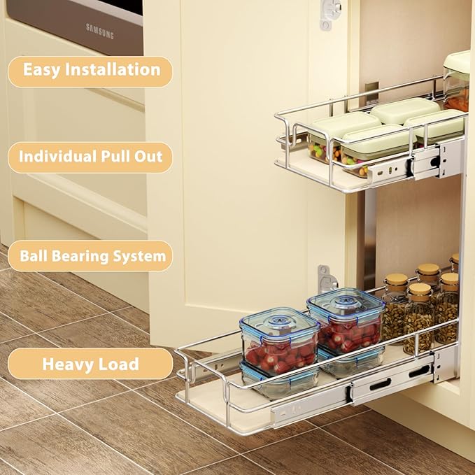 ROOMTEC 2 Tier Individual Pull Out Cabinet Organizer 7½"W x 21½"D, Slide Out Wood Shelves Organizers, Pull Out Drawers Organization and Storage for Kitchen Cabinet