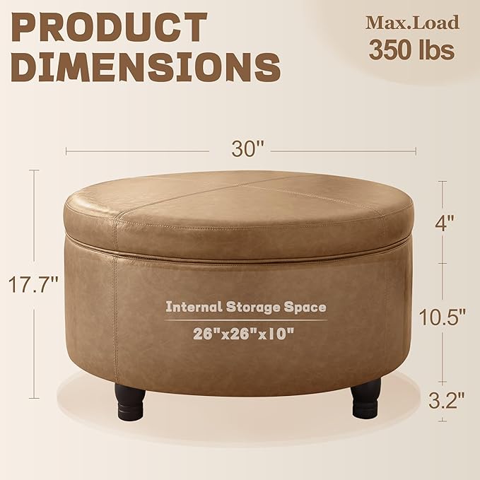 30-Inch Round Storage Ottoman, Modern Ottoman Coffee Table with Removable Top for Living Room, Bedroom, Office （Light Brown）
