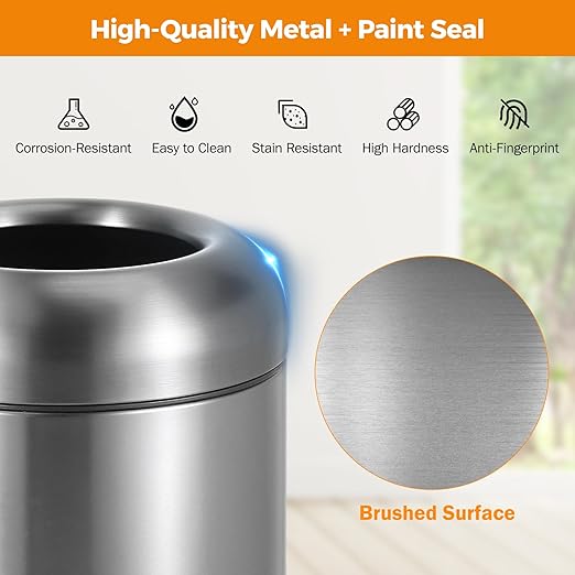BEAMNOVA 16.5 Gallon Trash Can Open Top Outdoor Indoor Commercial Stainless Steel Industrial Waste Basket Container, Gray Large Garbage Enclosure with Lid