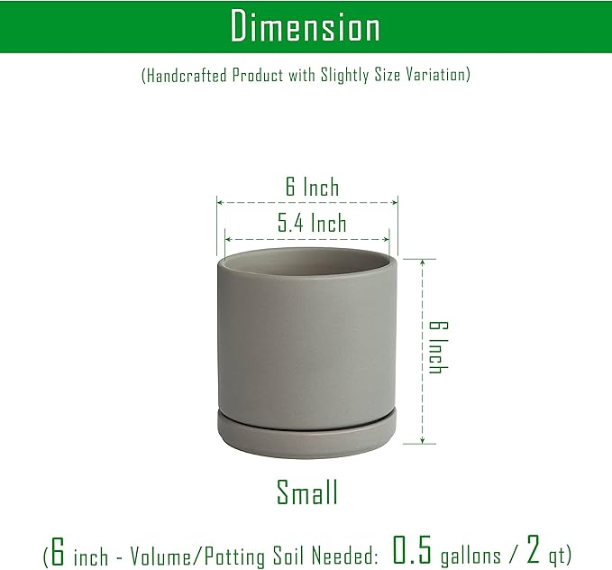 D'vine Dev 6 Inch Ceramic Planter Pot with Drainage Hole and Saucer, Indoor Cylinder Round Flower Pot, Grey, 94-O-C-3