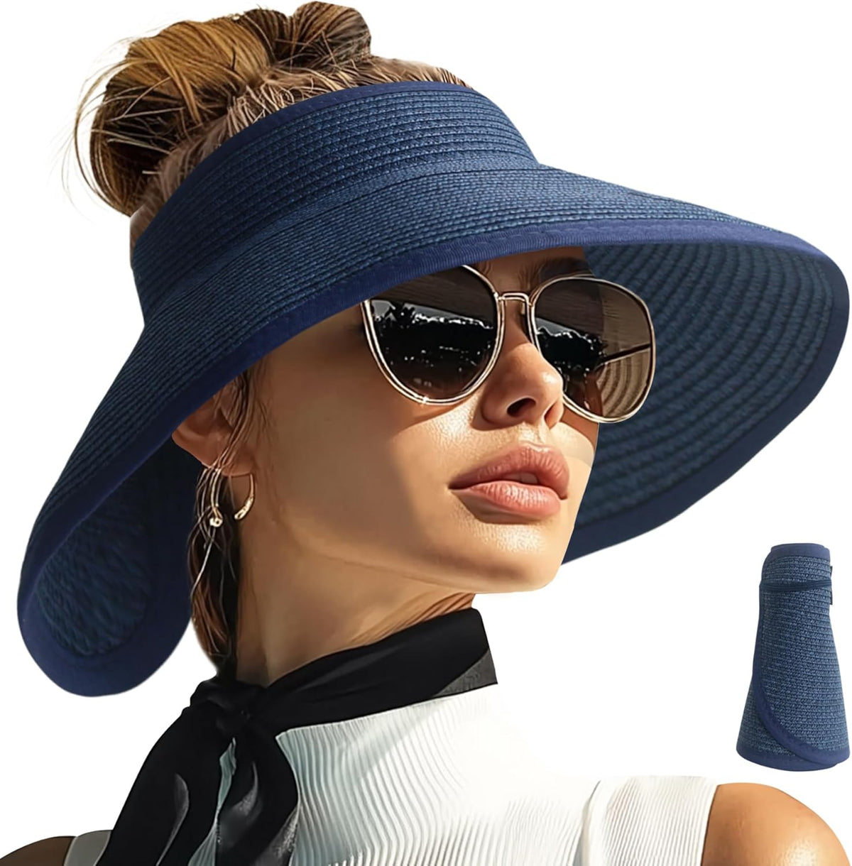 PFFY Sun Hats for Women Straw Beach Hat Packable Foldable Wide Brim Ponytail Travel Visor