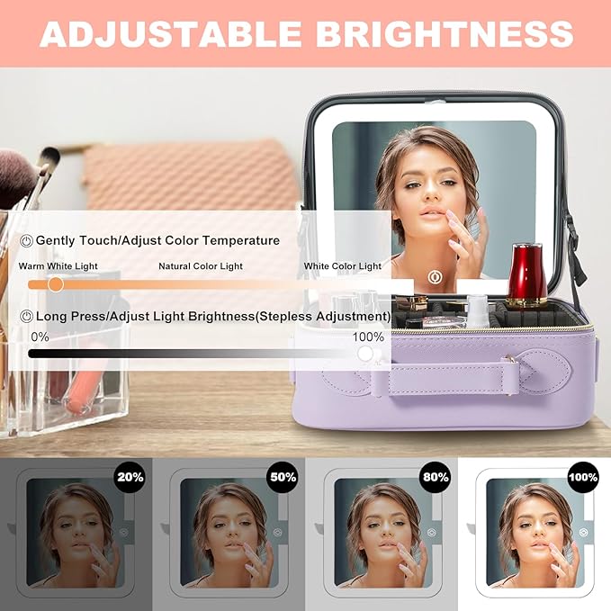 Mocado Travel Makeup Bag with LED Lighted Mirror,Travel Makeup Organizer,Makeup Case with 3 Color Lighted Setting and 10x Magnifying Mirror,Portable Storage and Adjustable Dividers Makeup Box(Purple)