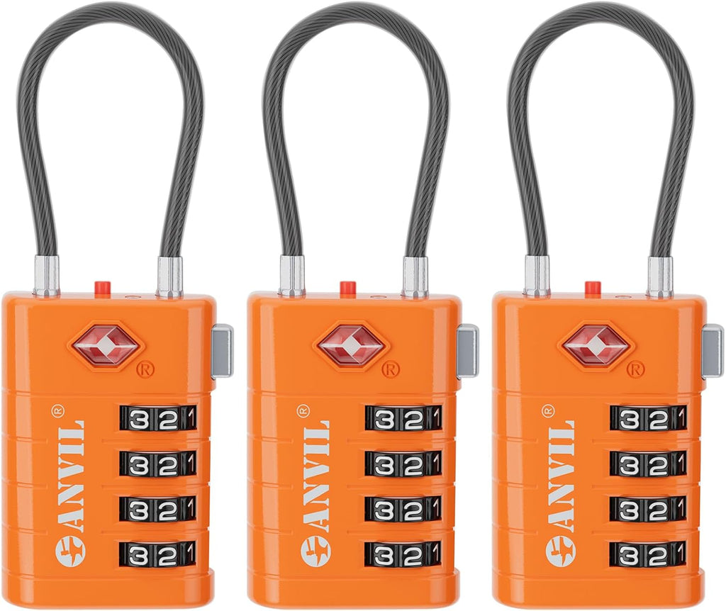 ANVIL 4 Digit Luggage Locks, TSA Locks for Luggage, Advanced TSA008 core, Alert Indicator for Your Travel Lock, Suitcase Lock. (3, Orange)