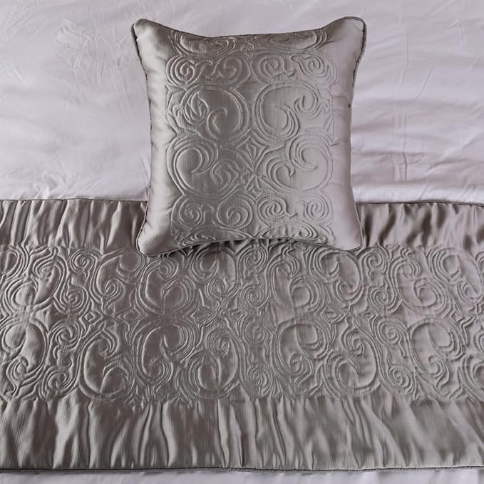 The HomeCentric Decorative Silver Queen 74 x 18 inch Bed Runner Without Pillow Cover, Satin Quilted Bed Scarf, Abstract Modern - Silver Soft