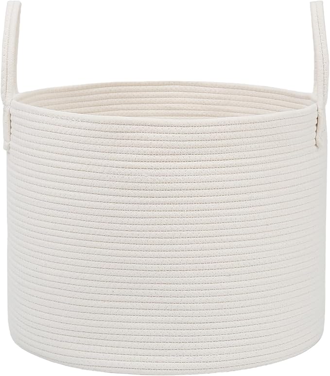 Woven Blanket Basket,65L Large Rope Storage Bin with Handles, Organizer for Blankets Toys Book and Clothes, Laundry Basket for Living Room Bedroom Nursery,White
