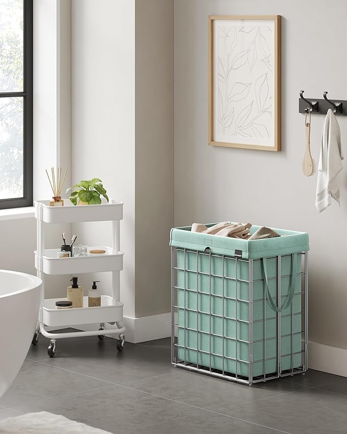 SONGMICS Laundry Hamper, 23.8 Gal. (90L) Laundry Basket, Collapsible Clothes Hamper, Removable and Washable Liner, Metal Wire Frame, for Bedroom Bathroom, Silver and Mint Green ULCB190C01
