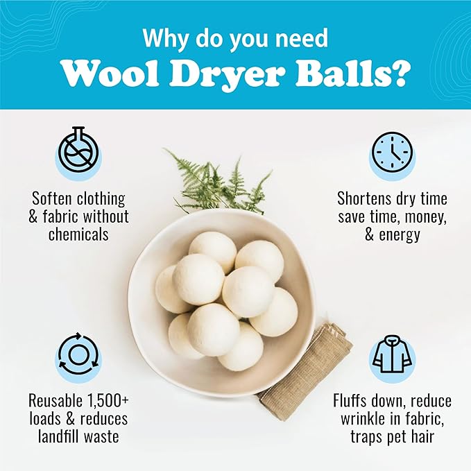 Smart Sheep Wool Dryer Balls - 6-Pack - XL Premium Natural Fabric Softener Award-Winning - Wool Balls Replaces Dryer Sheets - Wool Balls for Dryer - Laundry Balls for Dryer