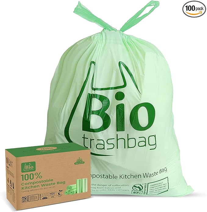 8 Gallon Compostable Trash Bags, 100 Count Drawstring Trash Bags Biodegradable, Heavy Duty Extra Thick Compost Bags, Kitchen Food Scrap Waste Bag, US BPI and OK Compost Home Certified