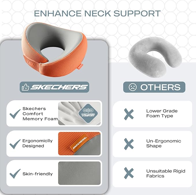 Skechers Women's Memory Foam Neck Pillow, Comfortable & Breathable Travel Pillow, Neck Pillow Airplane for Travel, Car Rides, Home, and Office Use, Ergonomic Design for Men and Women,Orange
