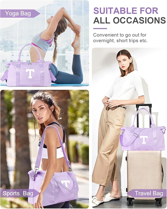 Daughter Niece Gifts for Teen Girl Kids, Initial Travel Duffel Bag Sports Gym Bag Personalized Gifts Weekender Bag，Monogram Overnight Bag Cute Dance Bag Birthday Bridesmaid Gifts for Women(Purple, T)