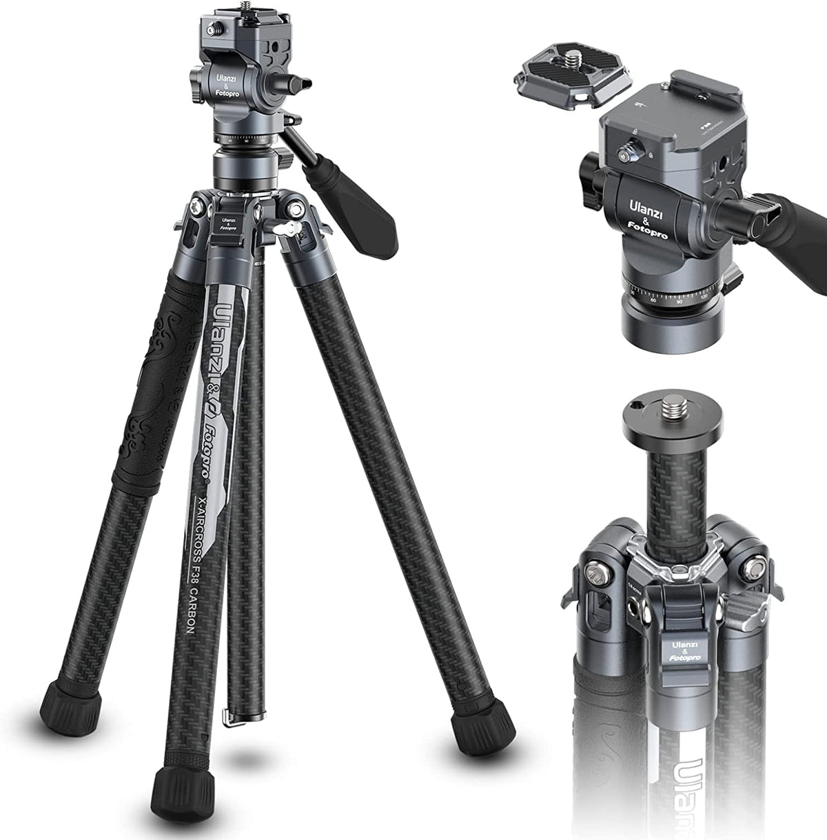 ULANZI F38 Video Travel Tripod, 61.4" Lightweight Carbon Fiber Camera Tripod with Quick Release 1/4" Screw & Video Head, for Most Cameras/DSLR/Projector, Weight 2.38lbs, Maxload 22lbs