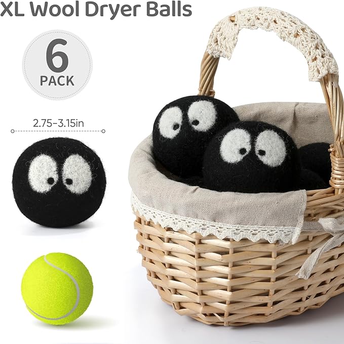Wool Dryer Balls 6 Pack, Natural Fabric Softener, Dryer Balls Laundry Reusable, Reduces Clothing Wrinkles and Saves Drying Time (Black)