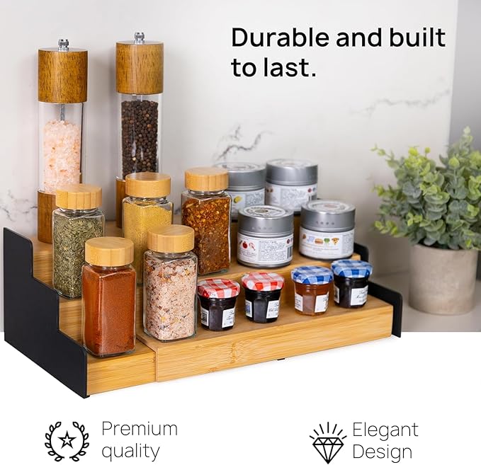 Ibyx Premium 3-Tier Spice Rack Organizer for Cabinet - Expandable Bamboo Spice Storage - Non-Skid Countertop Step Spice Shelf - Great for Kitchen Cabinet Countertop (Natural - Wide)