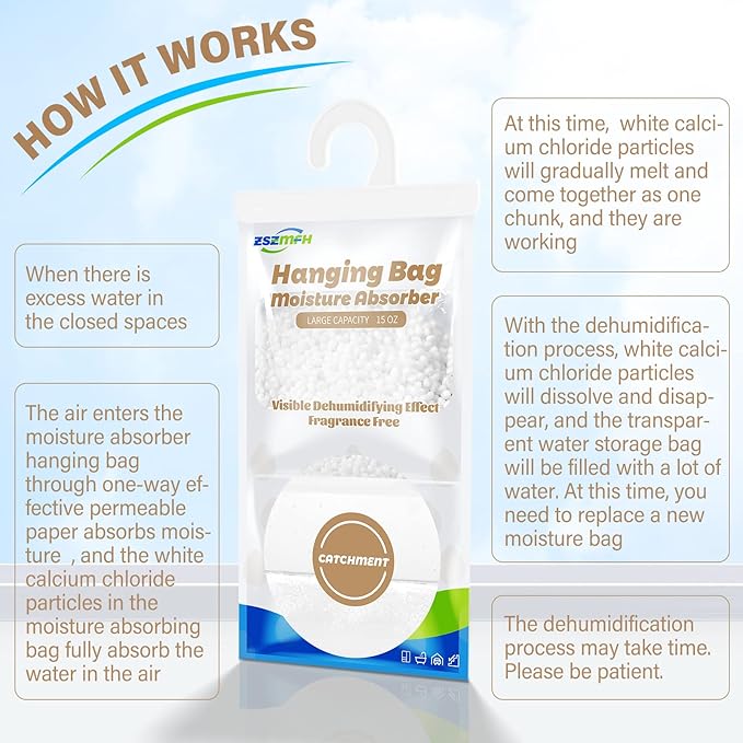 ZSZMFH 8 Pack Moisture Absorber Hanging Bags, Fragrance Free Humidity Packs, 15 OZ Dehumidifier Bags Effectively Trap Extra Moisture,Hanging Closet Dehumidifier Bags-425g/pack