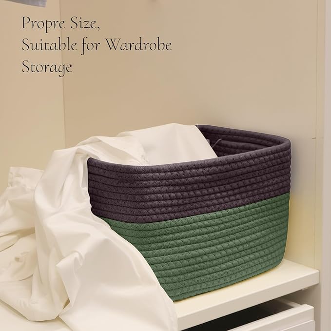 Hopegiver Woven Storage Baskets 11x8x7 Inch, 3 Pack Collapsible Cube Storage Bin for Shelves - Foldable Cotton Rope Organizer Bins for Towels, Toys, Books, Closet, Nursery (Brown Green)
