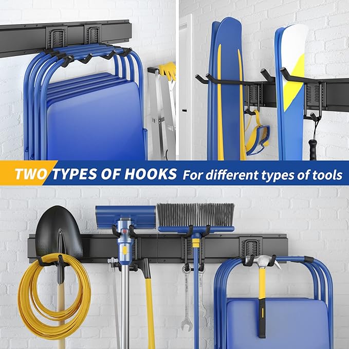 32 Inches Garage Storage, Garage Organization, Wall Mount Garden Tool Organizer, Max 300lbs Adjustable Metal Hooks, Yard Shed Hanging Rack, Heavy Duty Shelving for Rake Broom Mop Snowboard