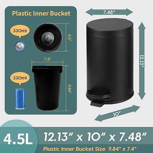 SunnyPoint 4.5 Liter(1.2 Gallon) Small Round Trash Can with Plastic Inner Bucket; Bathroom, Office, Kitchen and Bedroom Step On and Slow Close (BLK)