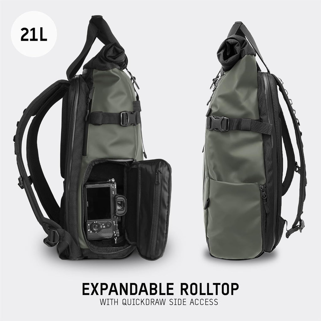 WANDRD PRVKE 21L, V3 Backpack: Weather-Resistant Travel & Camera Backpack with Laptop Sleeve, Quick Side Access, Clamshell Opening – Ideal Photography & Travel Bag (Wastach Green)