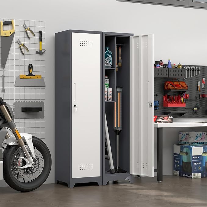 Metal Broom Storage Cabinets, Narrow Cabinet with Hooks, 65" Slim Bathroom Storage Cabinet with Shelves, Heavy-Duty Cleaning Cabinets for Utility Room, Gym, Office, Garage