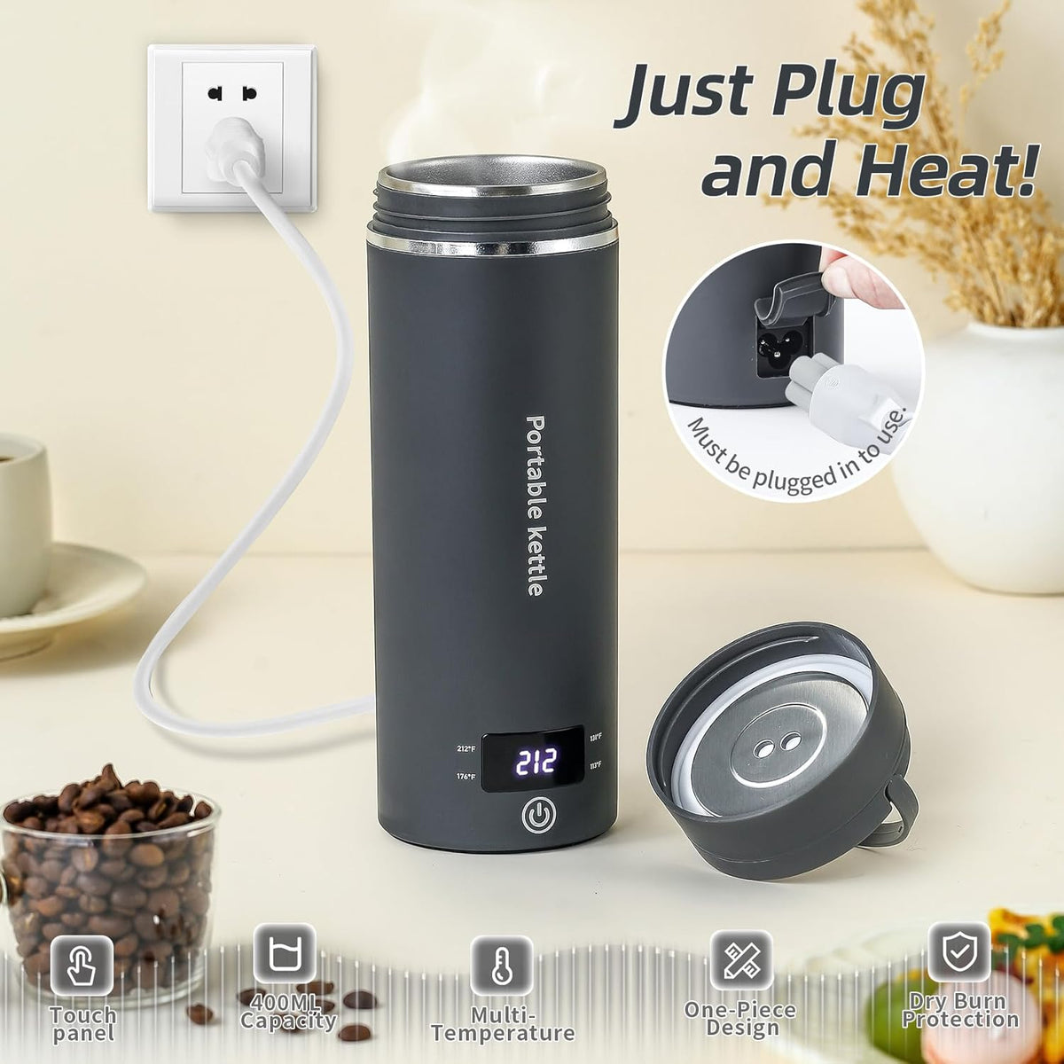 Travel Electric Kettle Portable Mini Kettle,Small Hot Water Boiler with 4 Temperature Settings,304 Stainless Steel,Fast Boiling Water with Auto Shut-Off and Boil Dry Protection,400ml (Grey, 400ml)
