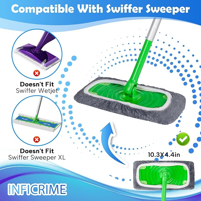 6 Pack Reusable Microfiber Mop Pads Compatible with Swiffer Sweeper Mop, Dry Sweeping Cloths & Wet Mopping Cloths, Washable Mop Pads for Surface/Hardwood Floor Cleaning (Mop is Not Included)