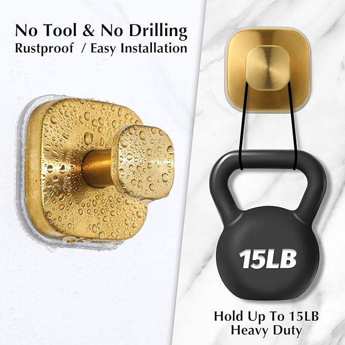 Suction Cup Hooks for Shower - Reusable No-Drill Mounting - Hooks for Towels, Robes & Loofah on Metal, Glass, Mirrors, Tile & Smooth Non-Porous Surfaces (4, Brushed Gold)