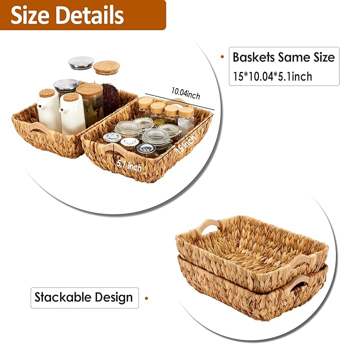 Wicker Baskets 2 Pack, Water Hyacinth Wicker Storage Basket with Wooden Handles, Hand-Woven Baskets for Storage, Natural