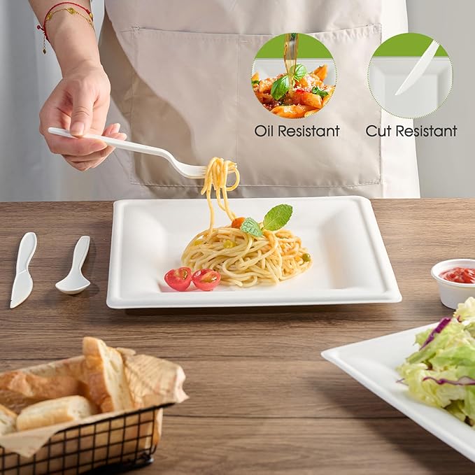ECOLipak 10 Inch Square Paper Plates, 300 Pack Compostable Heavy Duty Biodegradable Paper Plates, Made from Sugarcane, Eco Friendly White Disposable Plates for Party, Dinner